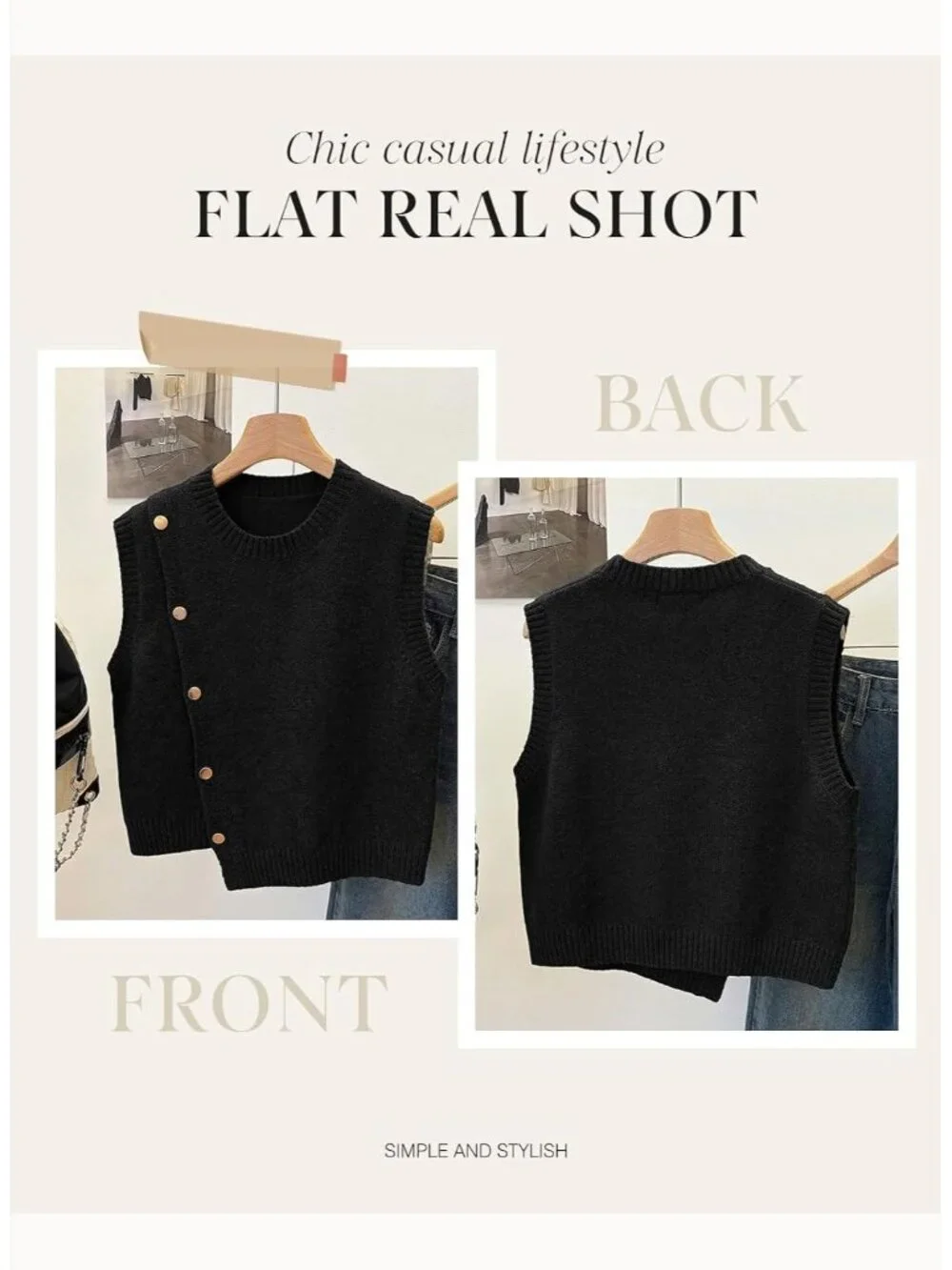 Women's Black Sleeveless Round Neck Casual Button Decoration Sweater Vest